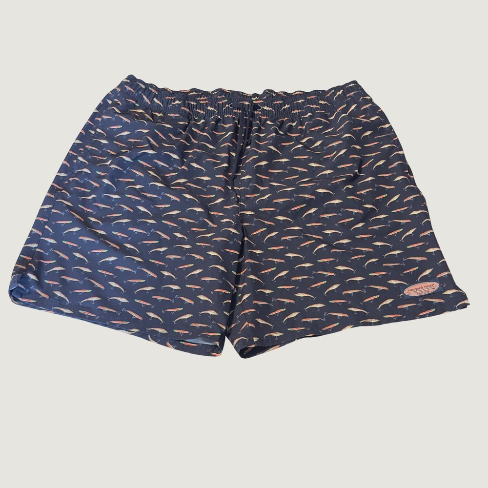 Vineyard Vines Mens XL Chappy Swim Trunks Navy Fishing Lure Print Mesh Lined